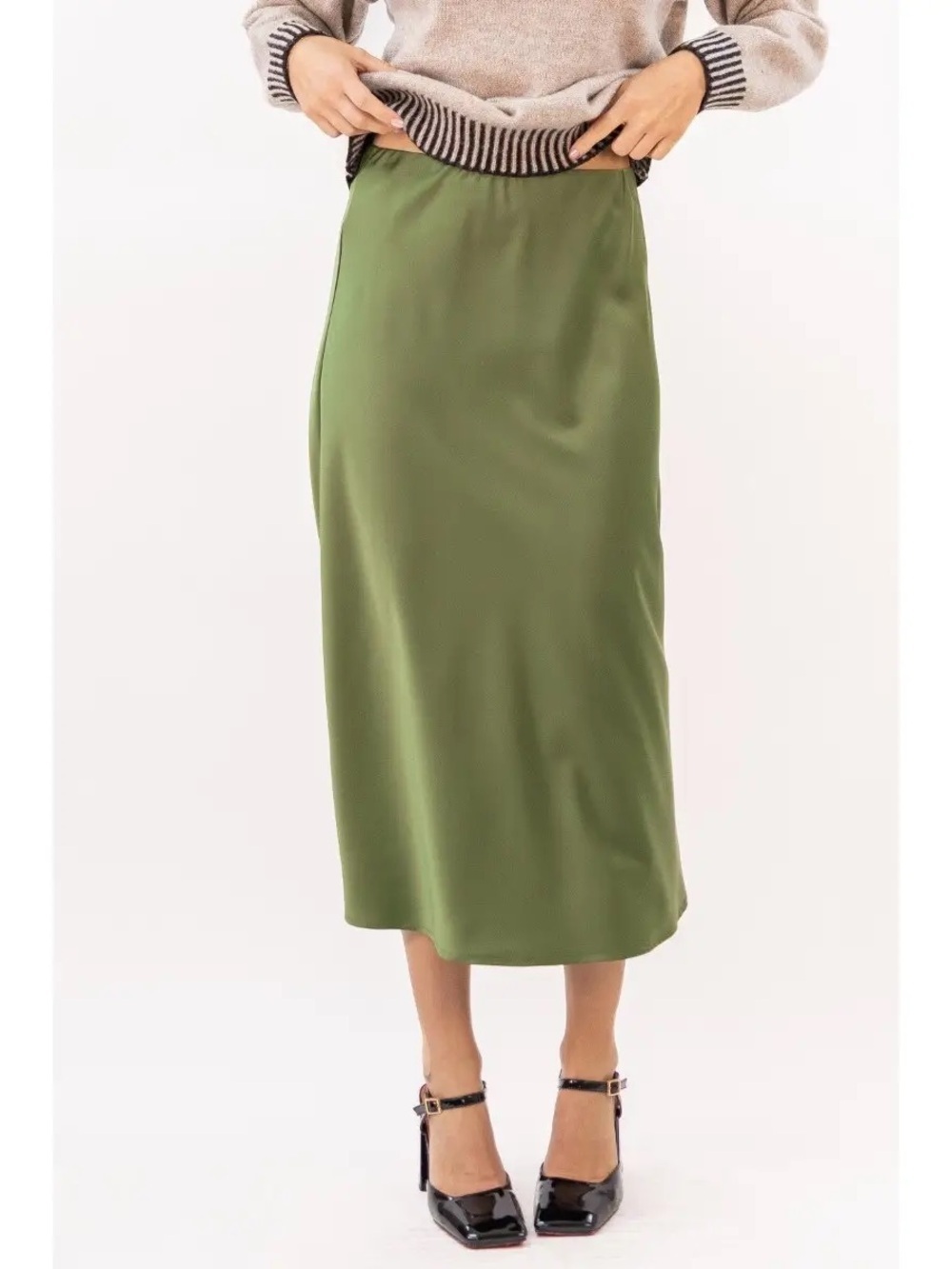 NWT Women's Olive Green Midi Satin Slip Skirt - 221-223